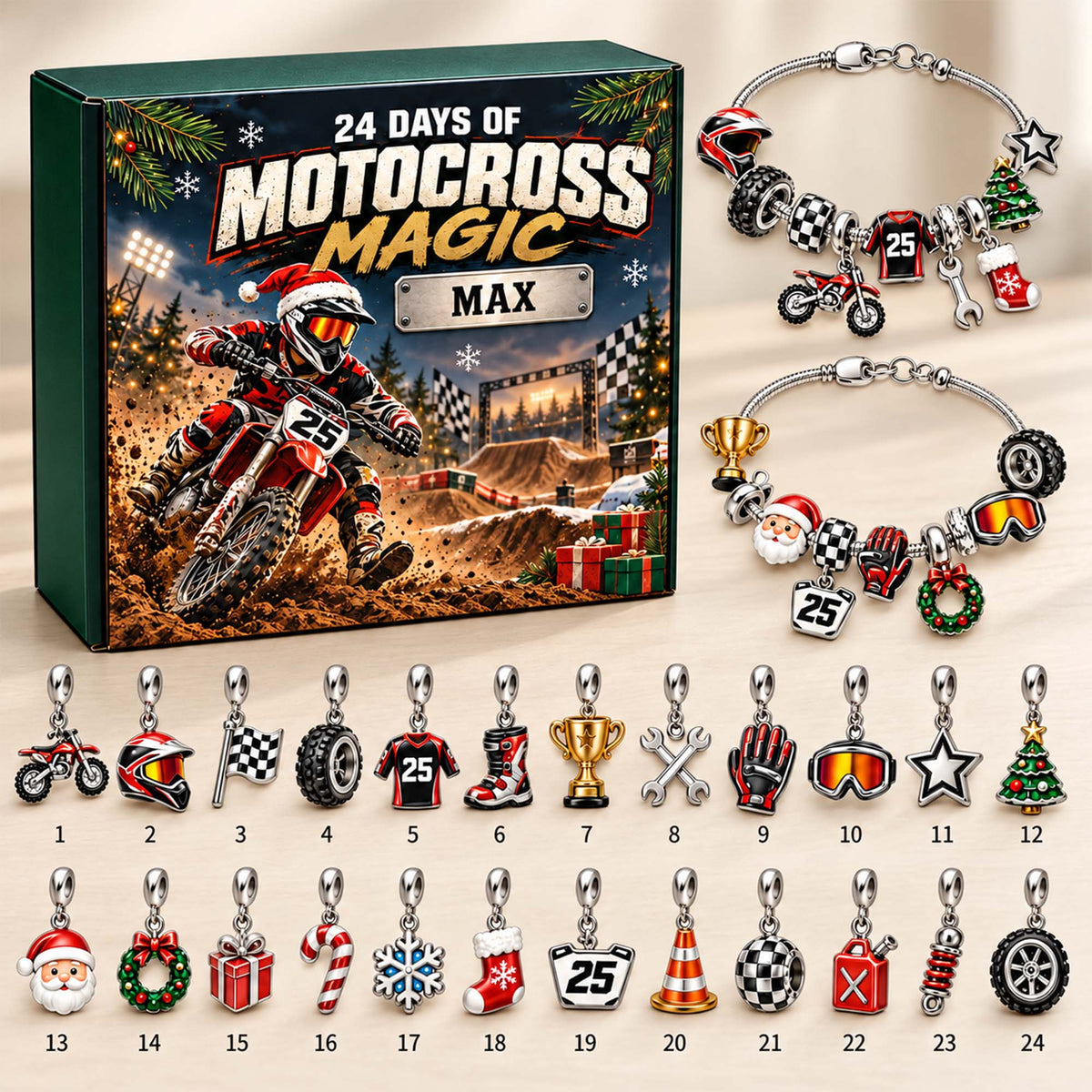 Personalized Motocross Christmas 24 Days Advent Calendar Bracelet Set With 24 Charms