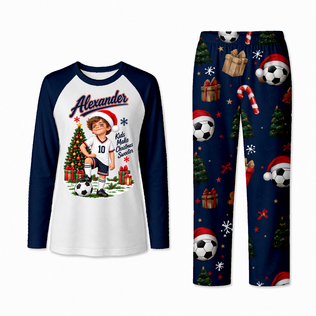 Personalized Soccer Christmas Family Pajamas, Custom Photo Name & Number Holiday Pajama Set