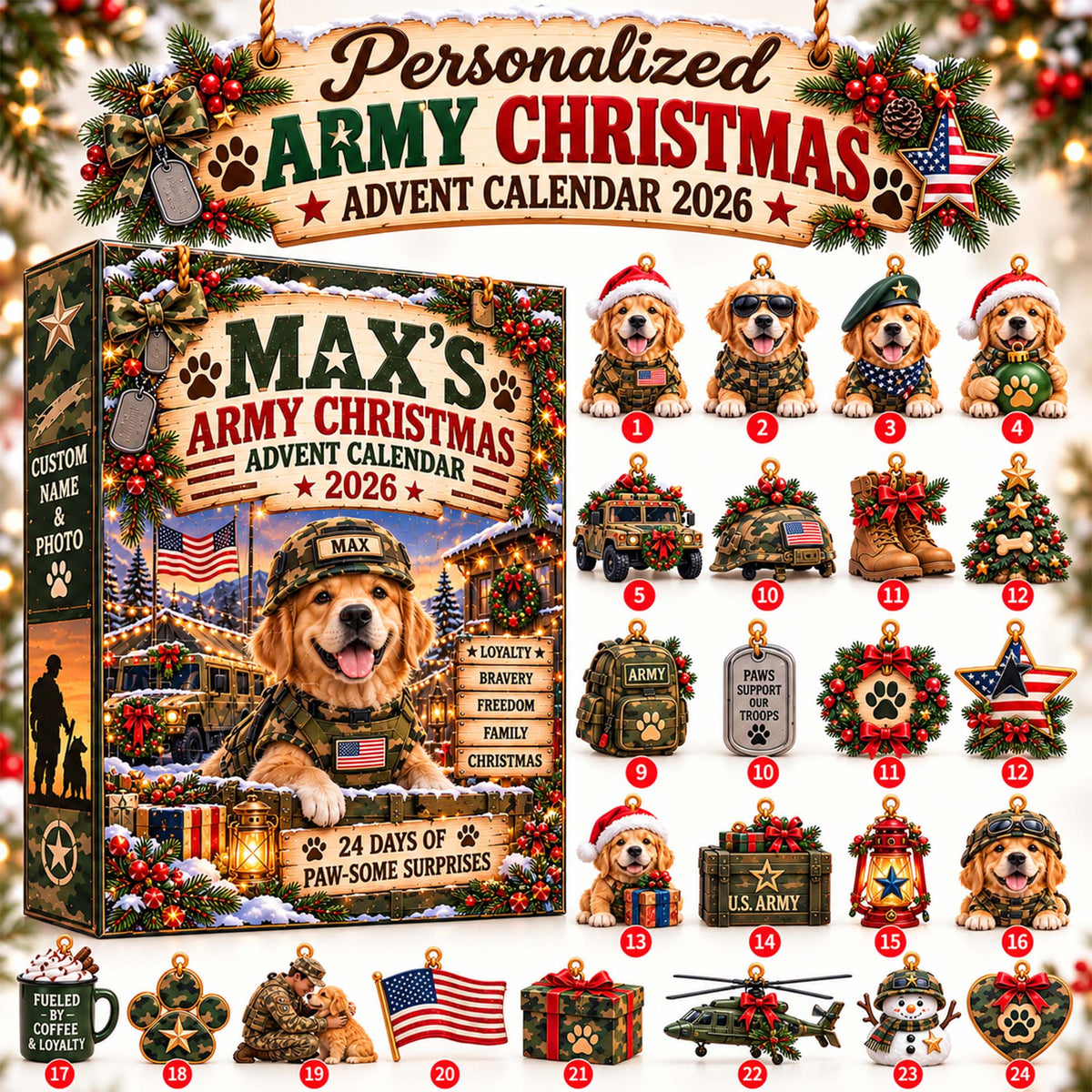 Personalized Military Dog Christmas Advent Calendar 2026 – 24 Patriotic Dog Ornaments