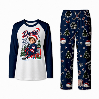Personalized Hockey Christmas Matching Family Pajamas With Pet, Custom Photo Name & Number