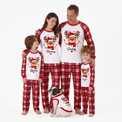 Cute Personalized Reindeer Santa Plaid Family Christmas Pajamas With Pet