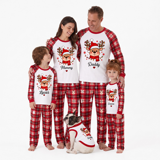 Cute Personalized Reindeer Santa Plaid Family Christmas Pajamas With Pet