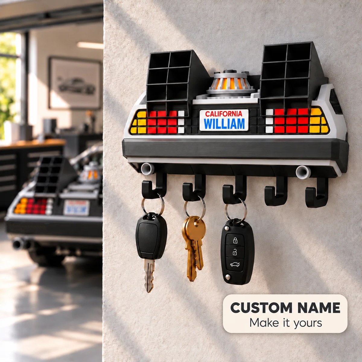Personalized Retro Futuristic Car Key Holder – 3D Printed Wall Key Rack, Custom Name Car Lover Gift