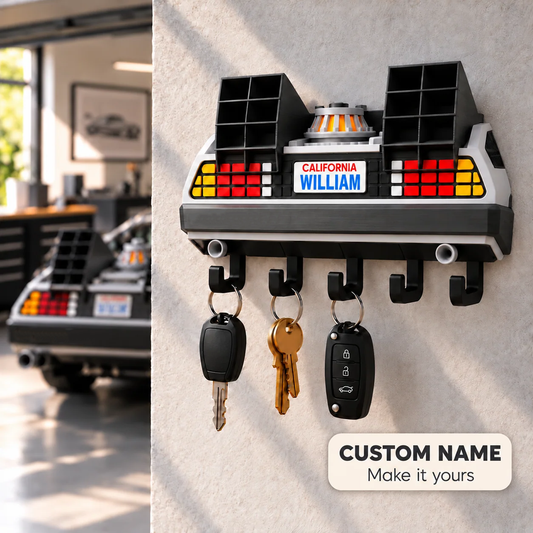 Personalized Retro Futuristic Car Key Holder – 3D Printed Wall Key Rack, Custom Name Car Lover Gift