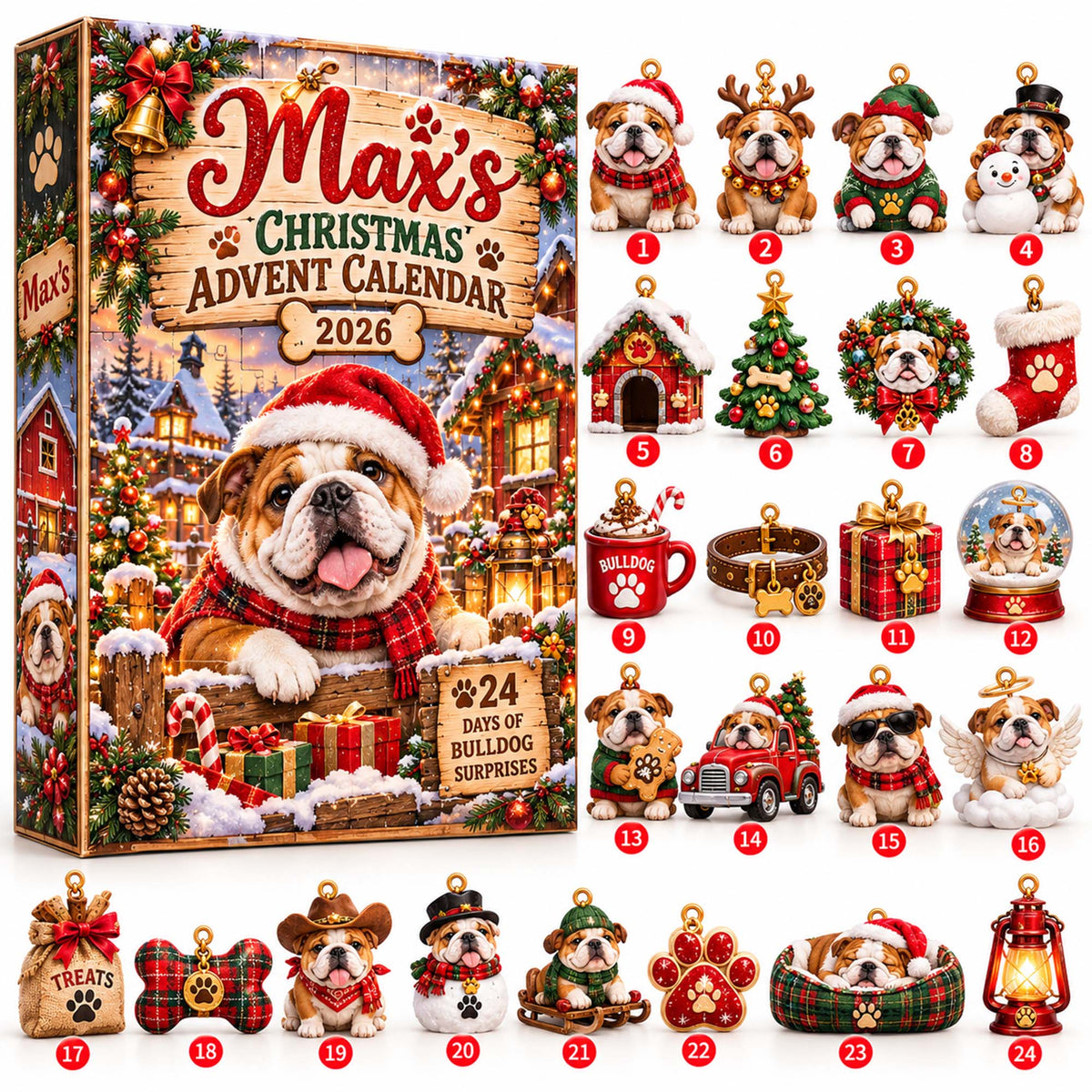 Personalized English Bulldog Christmas Advent Calendar 2026 – 24 Bulldog Ornaments