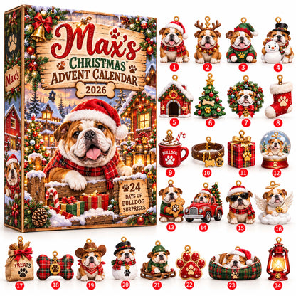 Personalized English Bulldog Christmas Advent Calendar 2026 – 24 Bulldog Ornaments