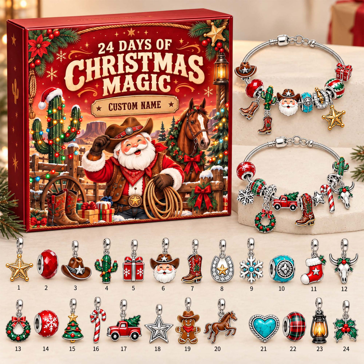 Personalized Western Cowboy Santa Christmas 24 Days Advent Calendar Bracelet Set With 24 Charms