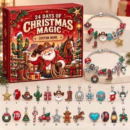Personalized Western Cowboy Santa Christmas 24 Days Advent Calendar Bracelet Set With 24 Charms