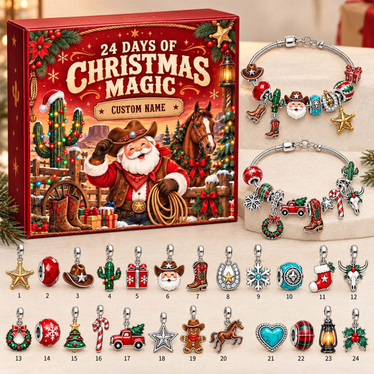 Personalized Western Cowboy Santa Christmas 24 Days Advent Calendar Bracelet Set With 24 Charms