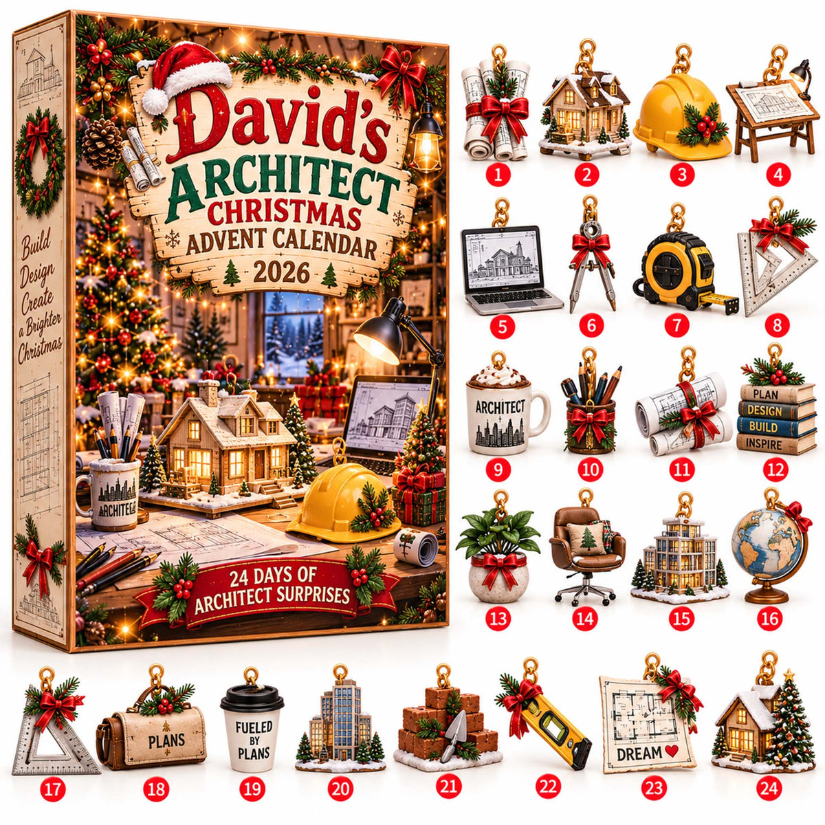 Personalized Architect Christmas Advent Calendar 2026 – 24 Architecture Ornaments