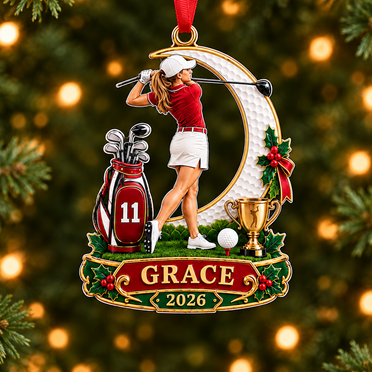 Personalized Girl Golfer Ornament, Custom Name & Year Golf Christmas Gift for Girls