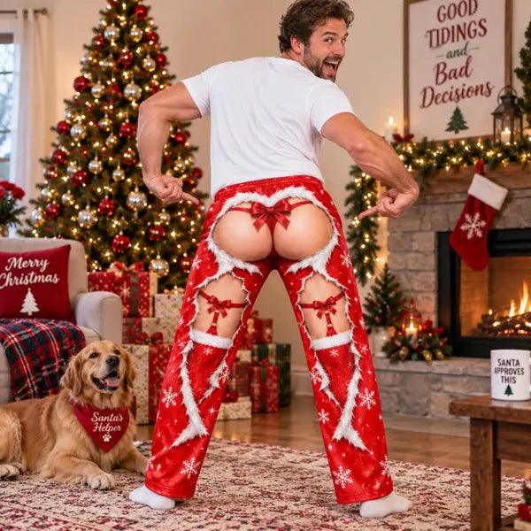 Funny Christmas Faux Ripped Pajama Pants – Santa Bow Illusion Print