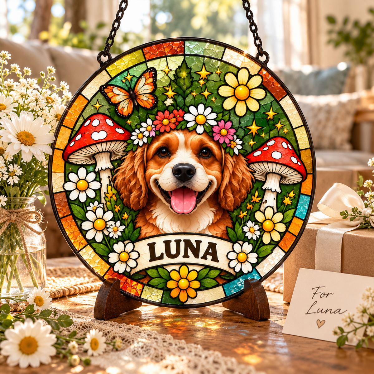 Personalized Hippie Pet Portrait Stained Glass Suncatcher – Custom Pet Name, Groovy Floral Peace Sign Window Hanging Gift