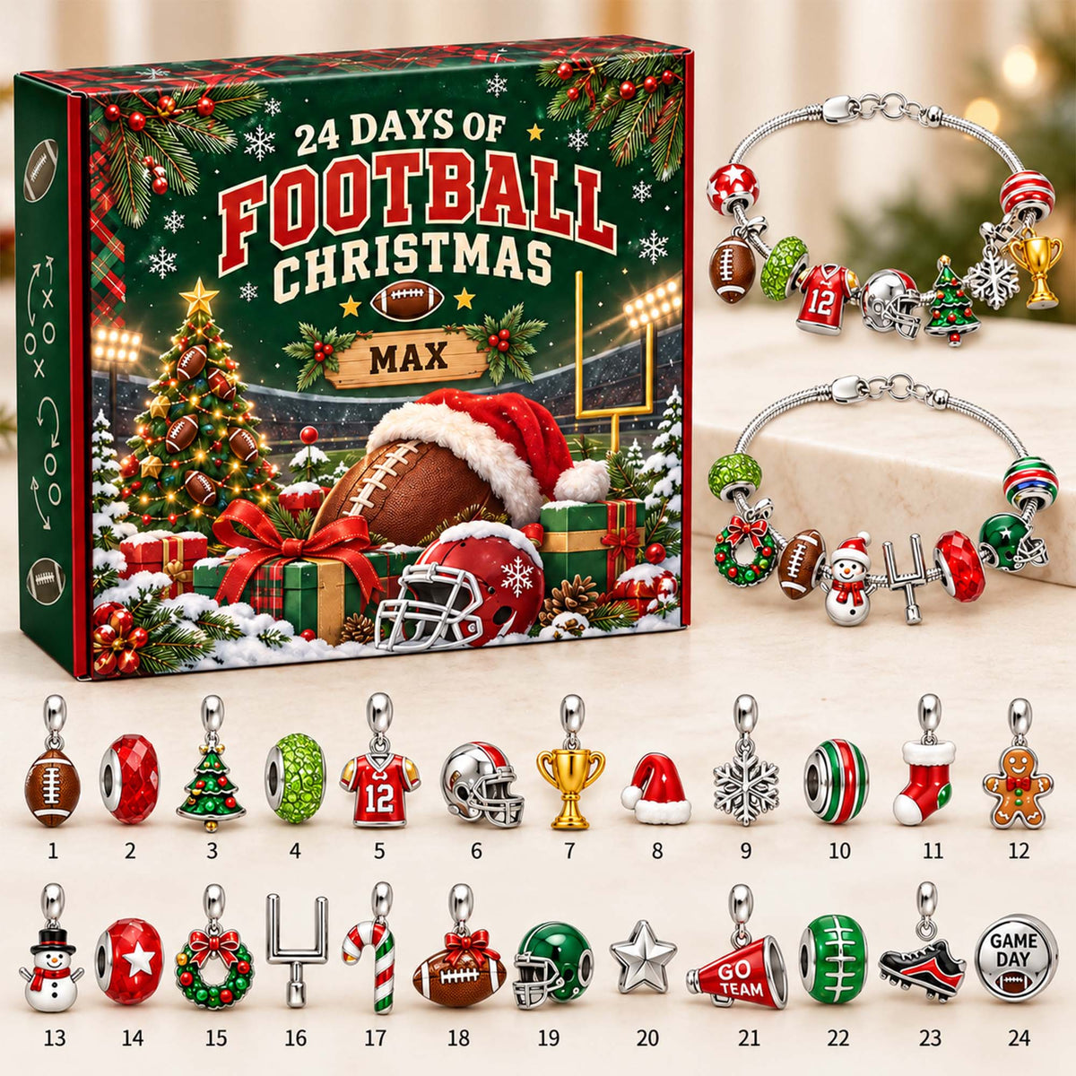 Personalized American Football Christmas 24 Days Advent Calendar Bracelet Set With 24 Charms