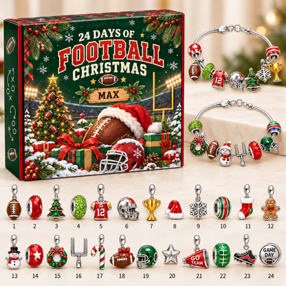 Personalized American Football Christmas 24 Days Advent Calendar Bracelet Set With 24 Charms