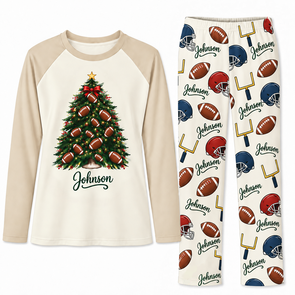 Custom Name American Football Christmas Tree Matching Pajama Sets