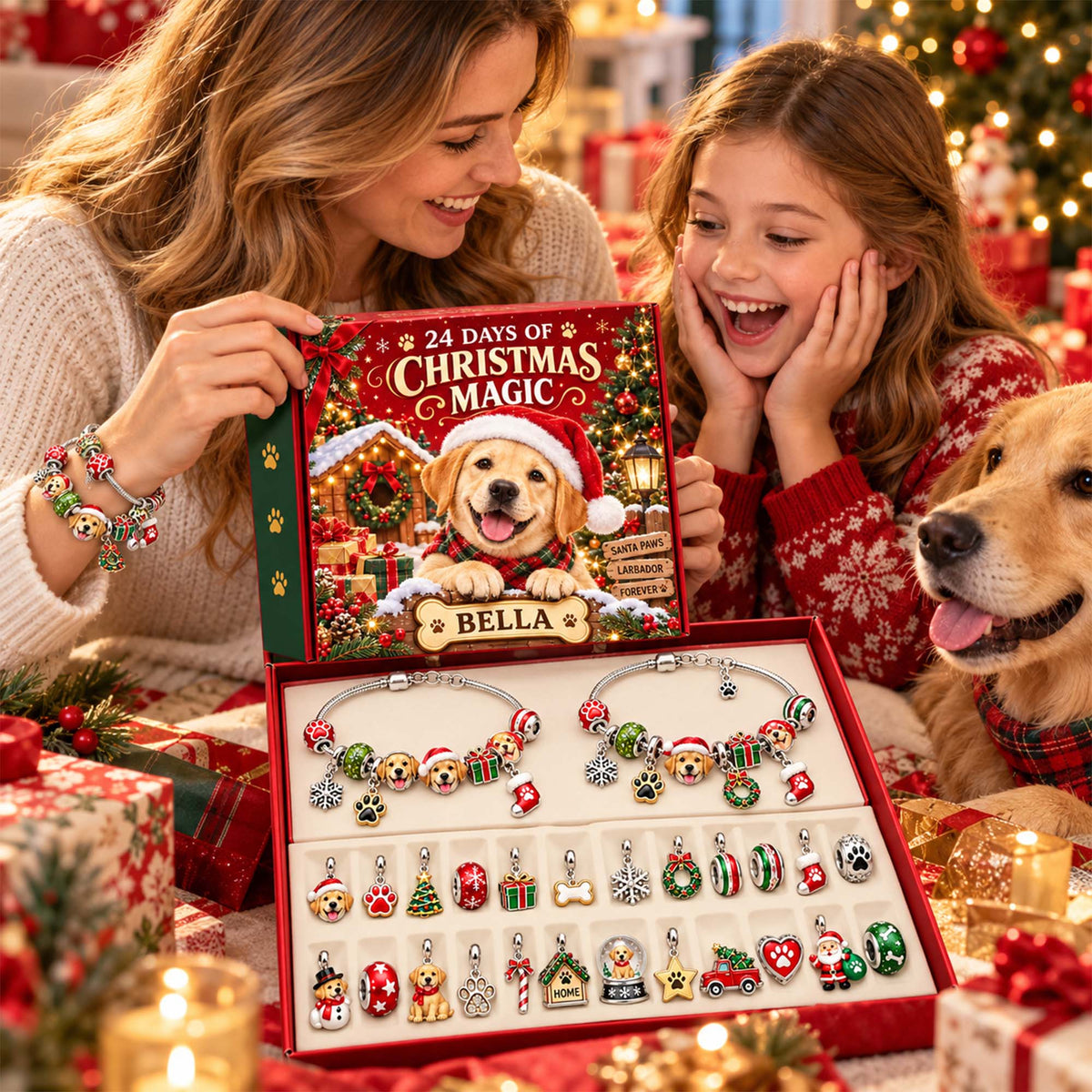 Personalized Labrador Retriever 24 Days Christmas Advent Calendar Bracelet Set With 24 Charms