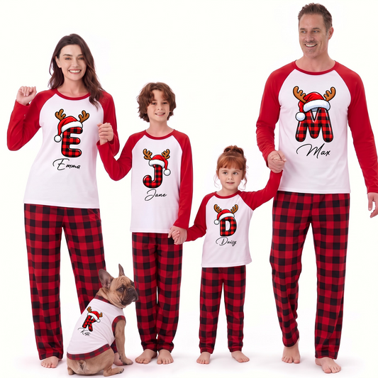 Custom Name Cute Christmas Reindeer Initial Family Matching Pajamas