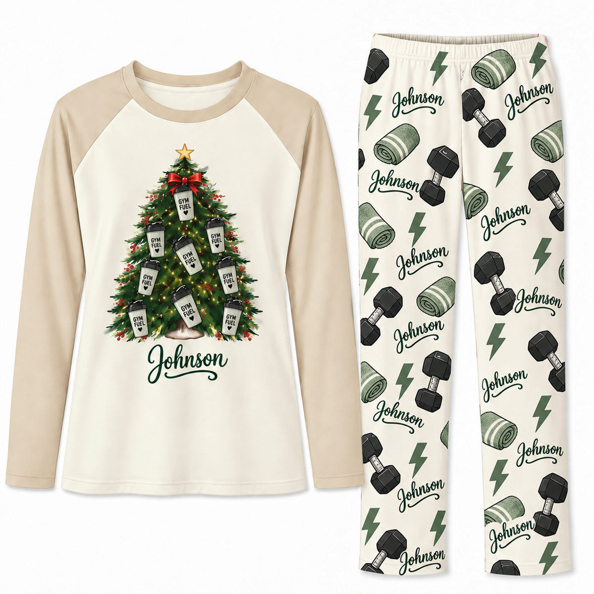 Personalized Name Gym Fuel Christmas Tree Matching Pajamas