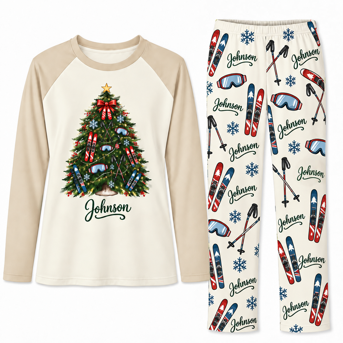 Personalized Family Name Skis & Snowflakes Christmas Tree Matching Pajamas