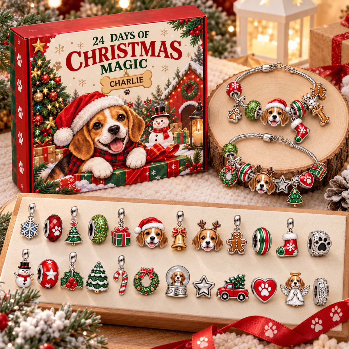Personalized Beagle 24 Days Christmas Advent Calendar Bracelet Set With 24 Charms