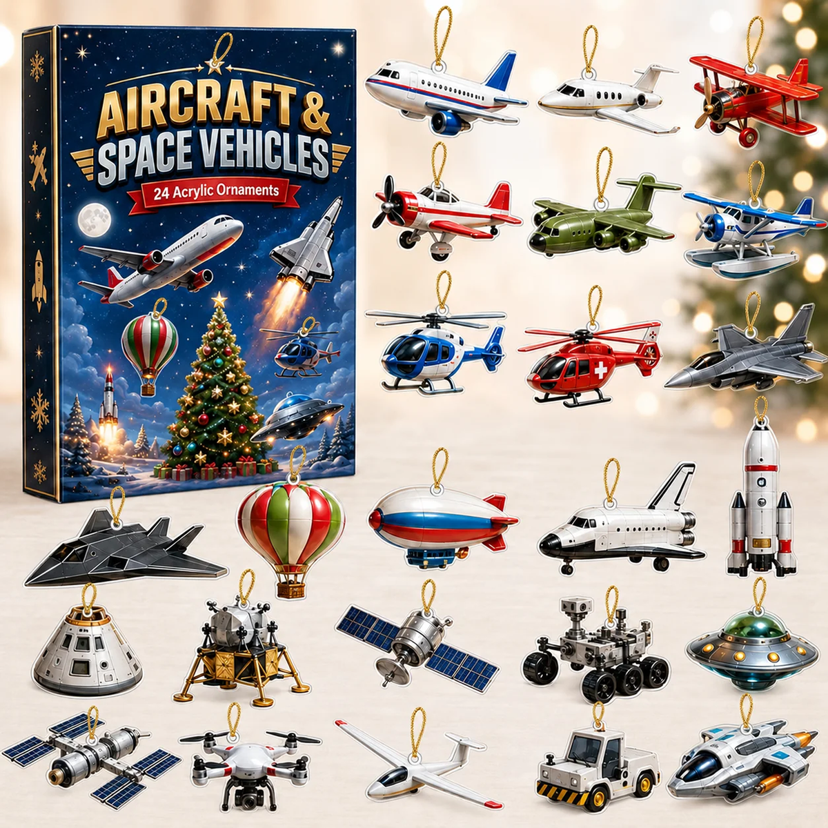 Personalized Aircraft & Space Vehicles Advent Calendar With 24 Acrylic Ornaments, Aviation Christmas Countdown