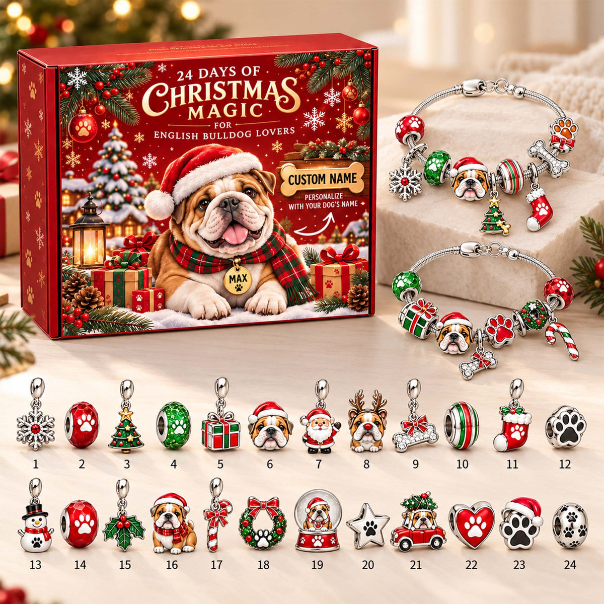 Personalized English Bulldog 24 Days Christmas Advent Calendar Bracelet Set With 24 Charms