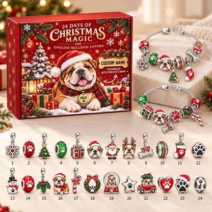 Personalized English Bulldog 24 Days Christmas Advent Calendar Bracelet Set With 24 Charms