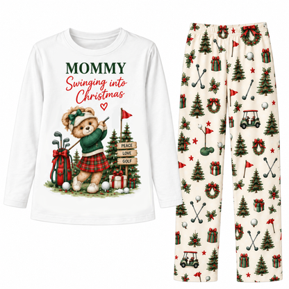 Custom Name Golf Teddy Bear Swinging Into Christmas Family Sleepwear Christmas