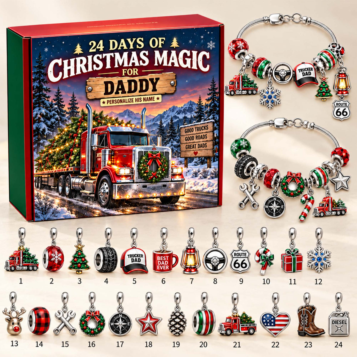 Personalized Trucker Dad Christmas 24 Days Advent Calendar Bracelet Set With 24 Charms