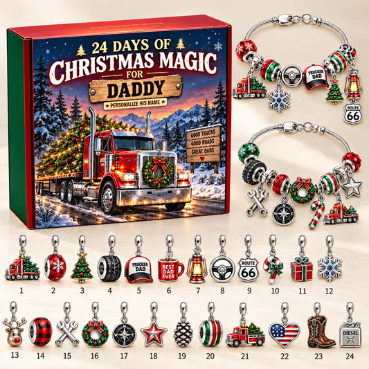 Personalized Trucker Dad Christmas 24 Days Advent Calendar Bracelet Set With 24 Charms