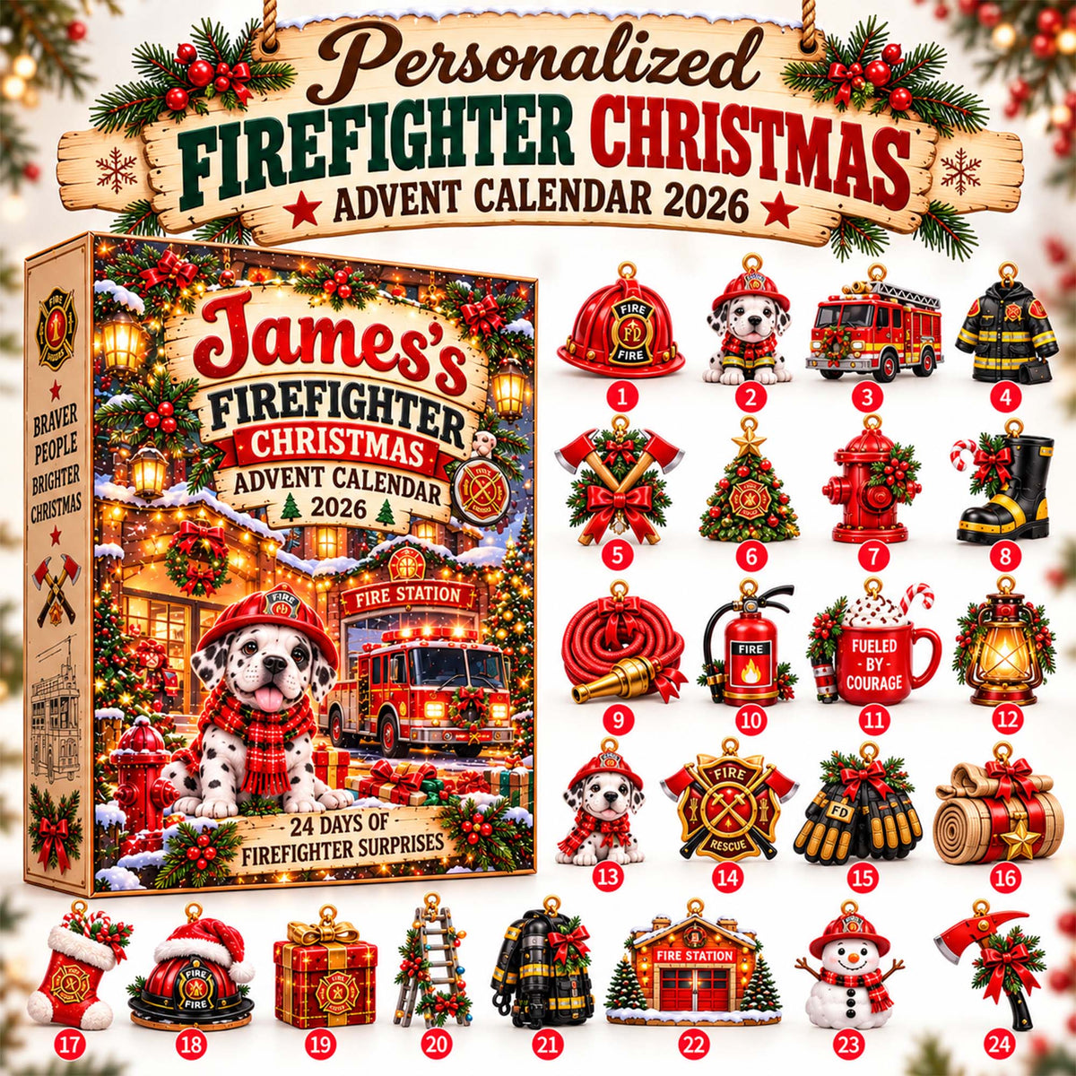 Personalized Firefighter Christmas Advent Calendar 2026 – 24 Days of Firefighter-Themed Collectible Ornaments