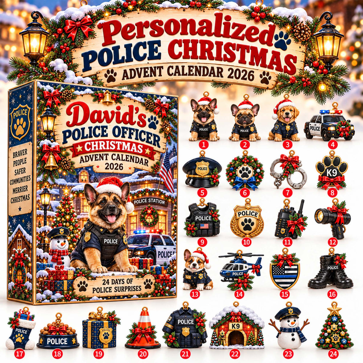Personalized Police Officer Christmas Advent Calendar 2026 – Custom Name Police Dog Gift, 24 Days of Police-Themed Christmas Surprises