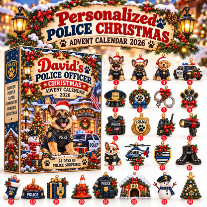 Personalized Police Officer Christmas Advent Calendar 2026 – Custom Name Police Dog Gift, 24 Days of Police-Themed Christmas Surprises