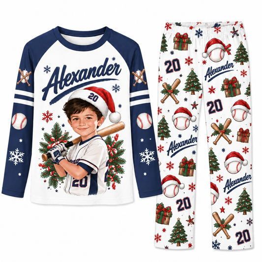 Custom Photo Baseball Player Santa Hat Matching Family Christmas Pajamas