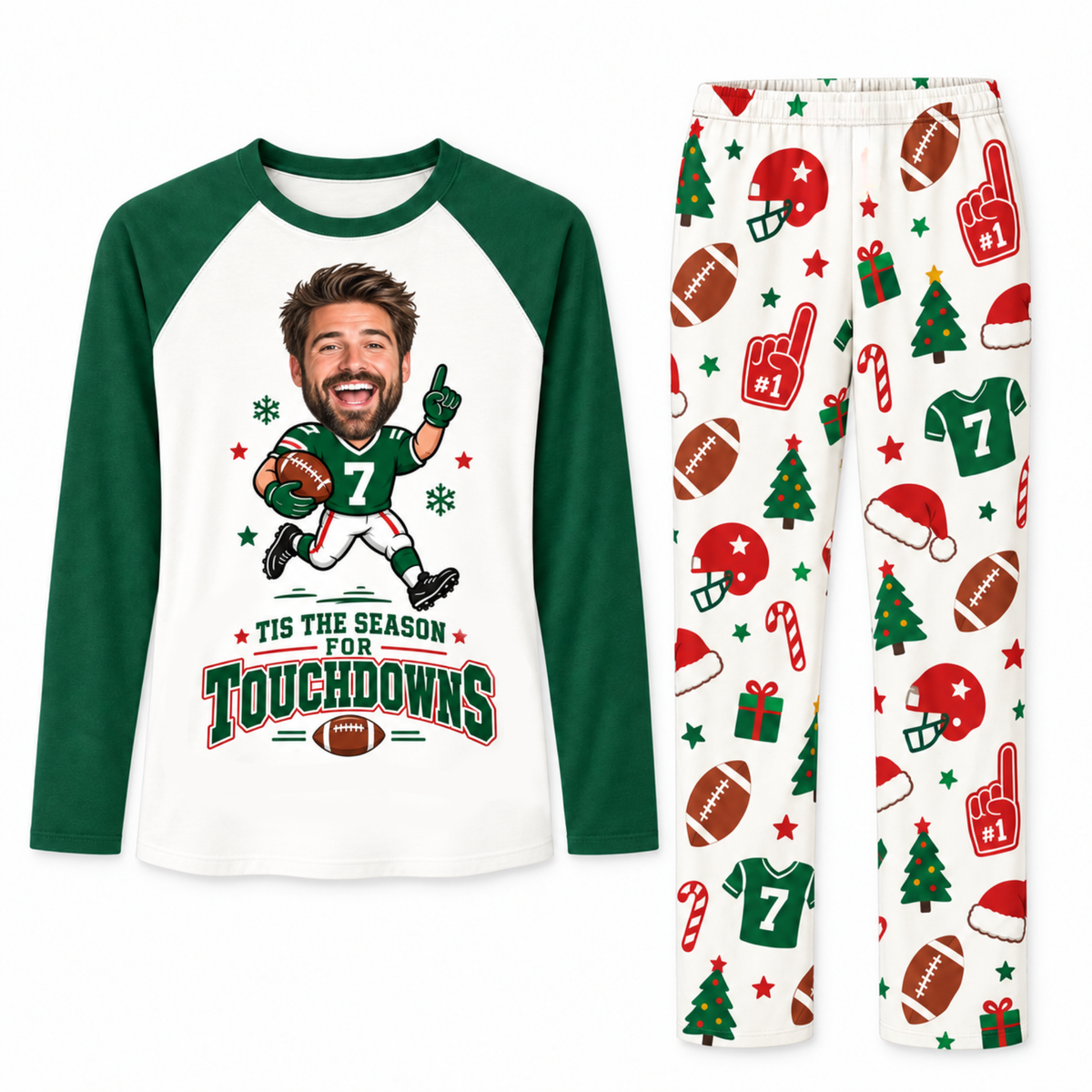 Funny Custom Face Football Tis The Season For Touchdowns Matching Christmas Pajamas