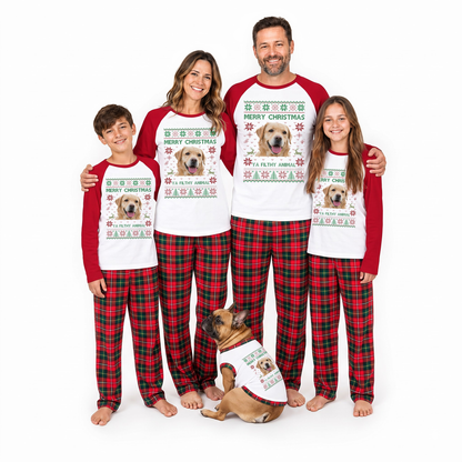 Custom Photo Merry Christmas Ya Filthy Animal Plaid Family Christmas Pajamas With Pet
