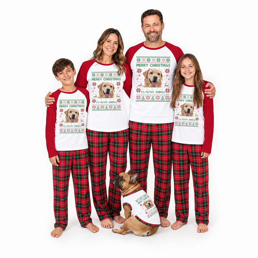 Custom Photo Merry Christmas Ya Filthy Animal Plaid Family Christmas Pajamas With Pet