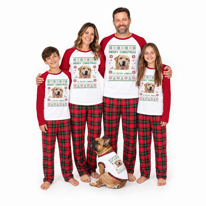 Custom Photo Merry Christmas Ya Filthy Animal Plaid Family Christmas Pajamas With Pet