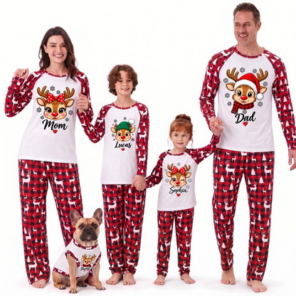 Cute Reindeer Plaid Personalized Family Christmas Pajamas