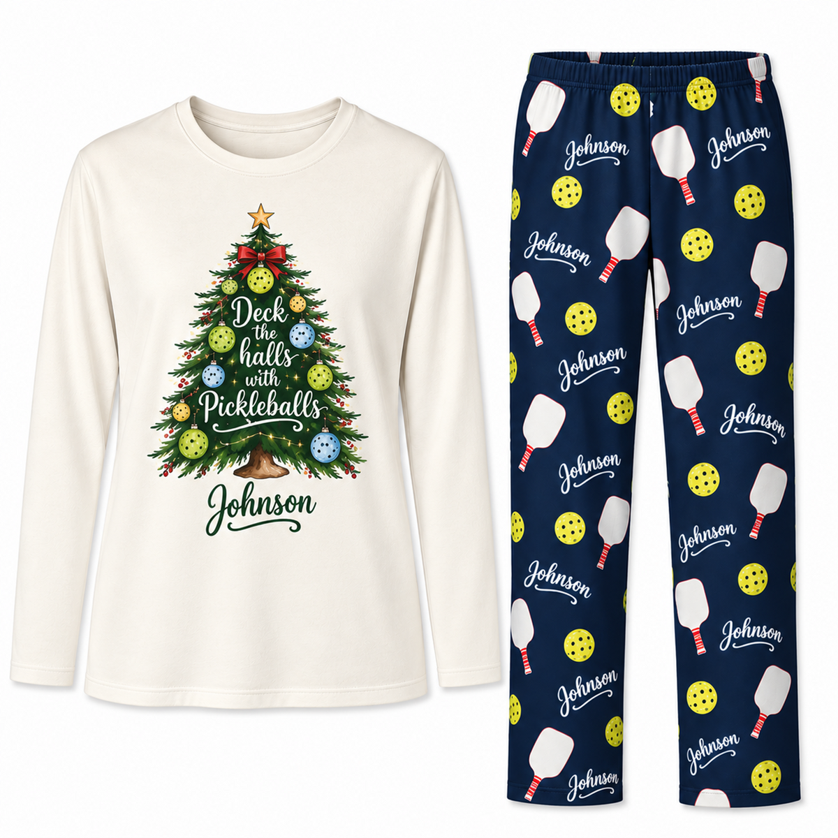 Personalized Family Name Festive Pickleball Christmas Tree Matching Family Christmas Pajamas