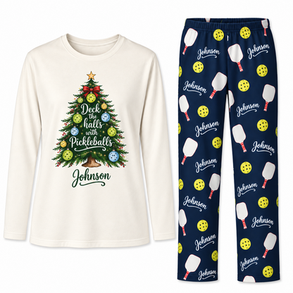 Personalized Family Name Festive Pickleball Christmas Tree Matching Family Christmas Pajamas
