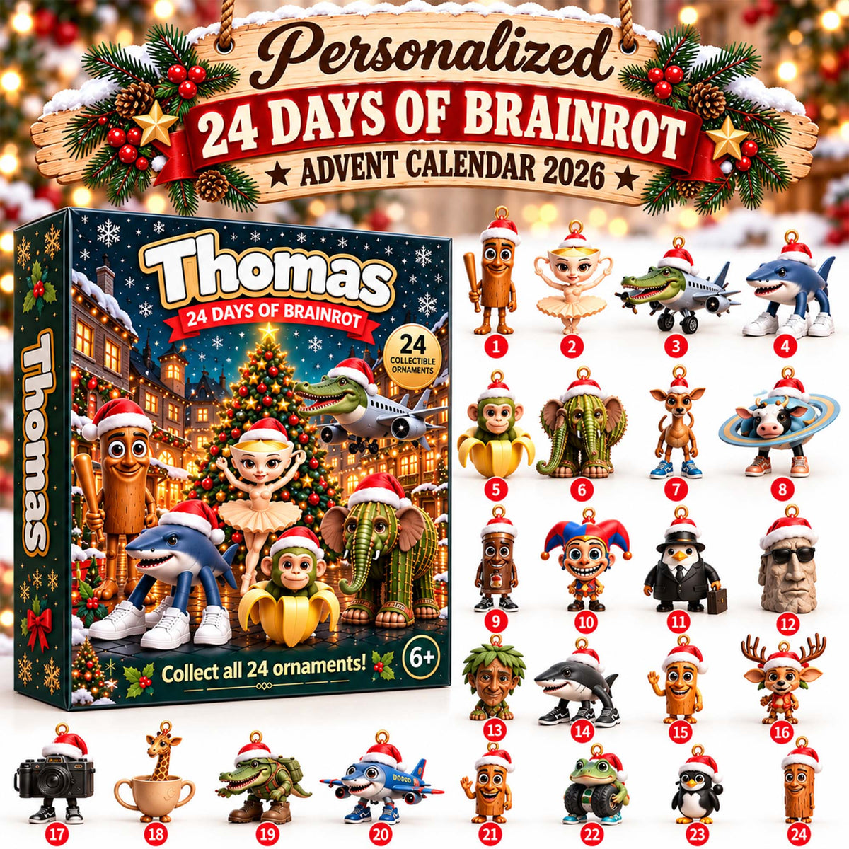 Personalized Brainrot Christmas Advent Calendar 2026 – 24 Collectible Character Ornaments