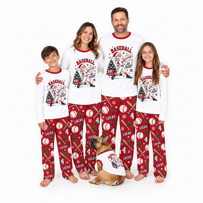 Custom Name Cute Baseball Santa Christmas Matching Family Pajamas