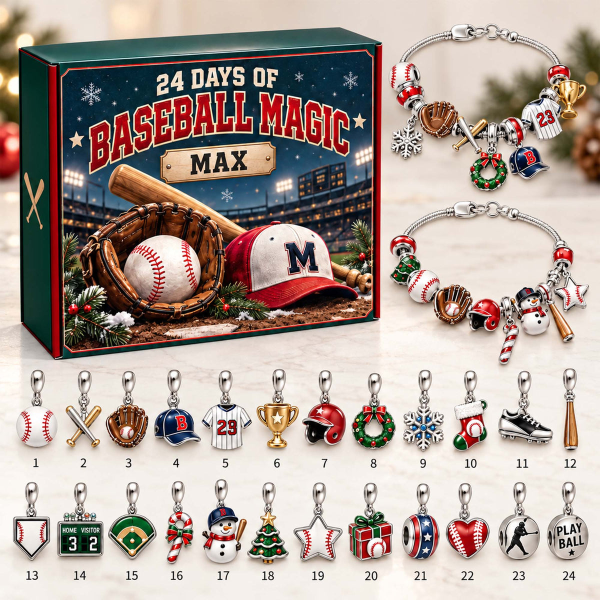 Personalized Baseball Christmas 24 Days Advent Calendar Bracelet Set With 24 Charms