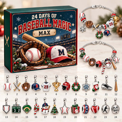 Personalized Baseball Christmas 24 Days Advent Calendar Bracelet Set With 24 Charms