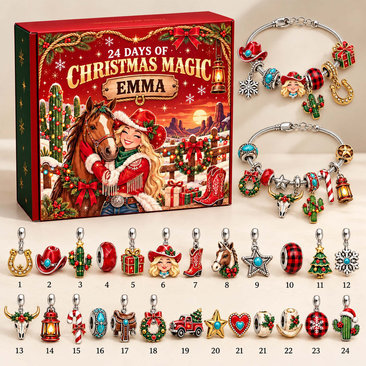 Personalized Cowgirl Western Christmas 24 Days Advent Calendar Bracelet Set With 24 Charms