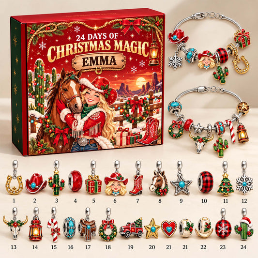 Personalized Cowgirl Western Christmas 24 Days Advent Calendar Bracelet Set With 24 Charms