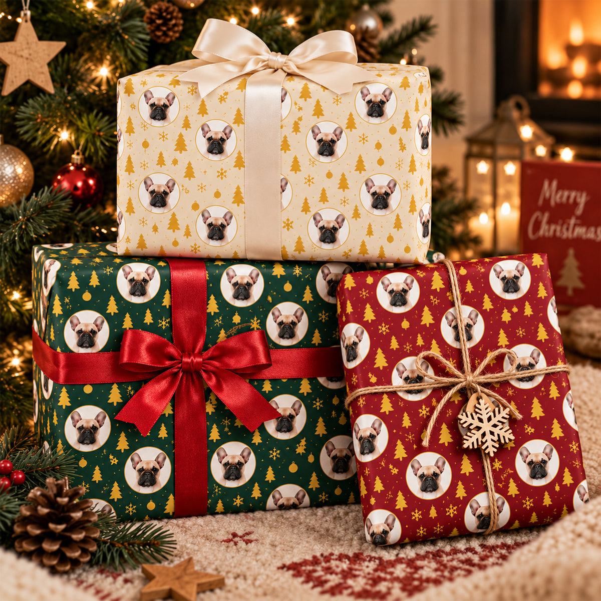 Custom Pet Face Festive Christmas Tree & Snowflake Wrapping Paper for Dog Lovers