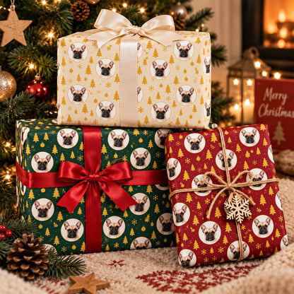 Custom Pet Face Festive Christmas Tree & Snowflake Wrapping Paper for Dog Lovers